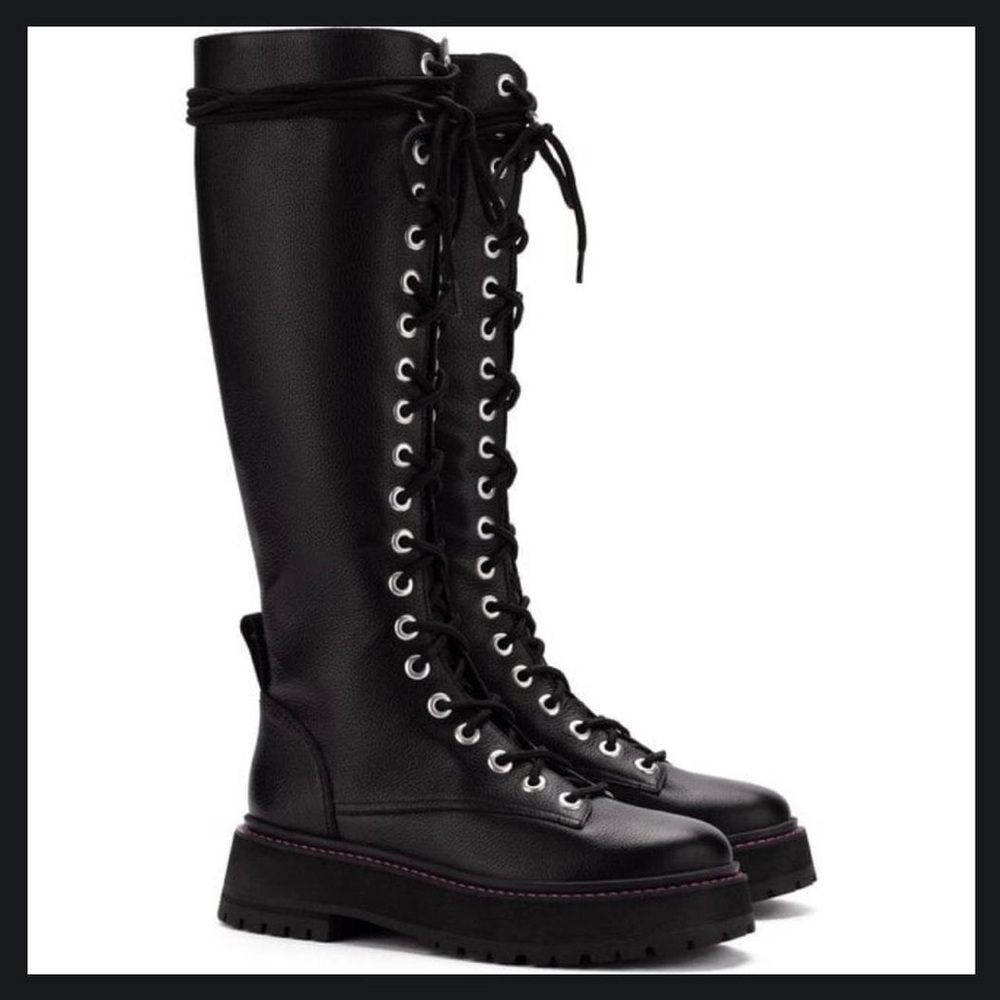 Larroude Black Lace-Up Knee Boots